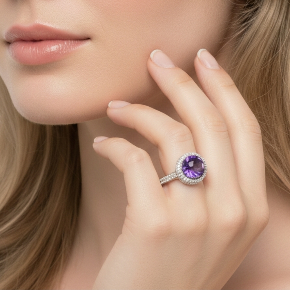 925 Sterling Silver Purple Gemstone Halo Statement Ring